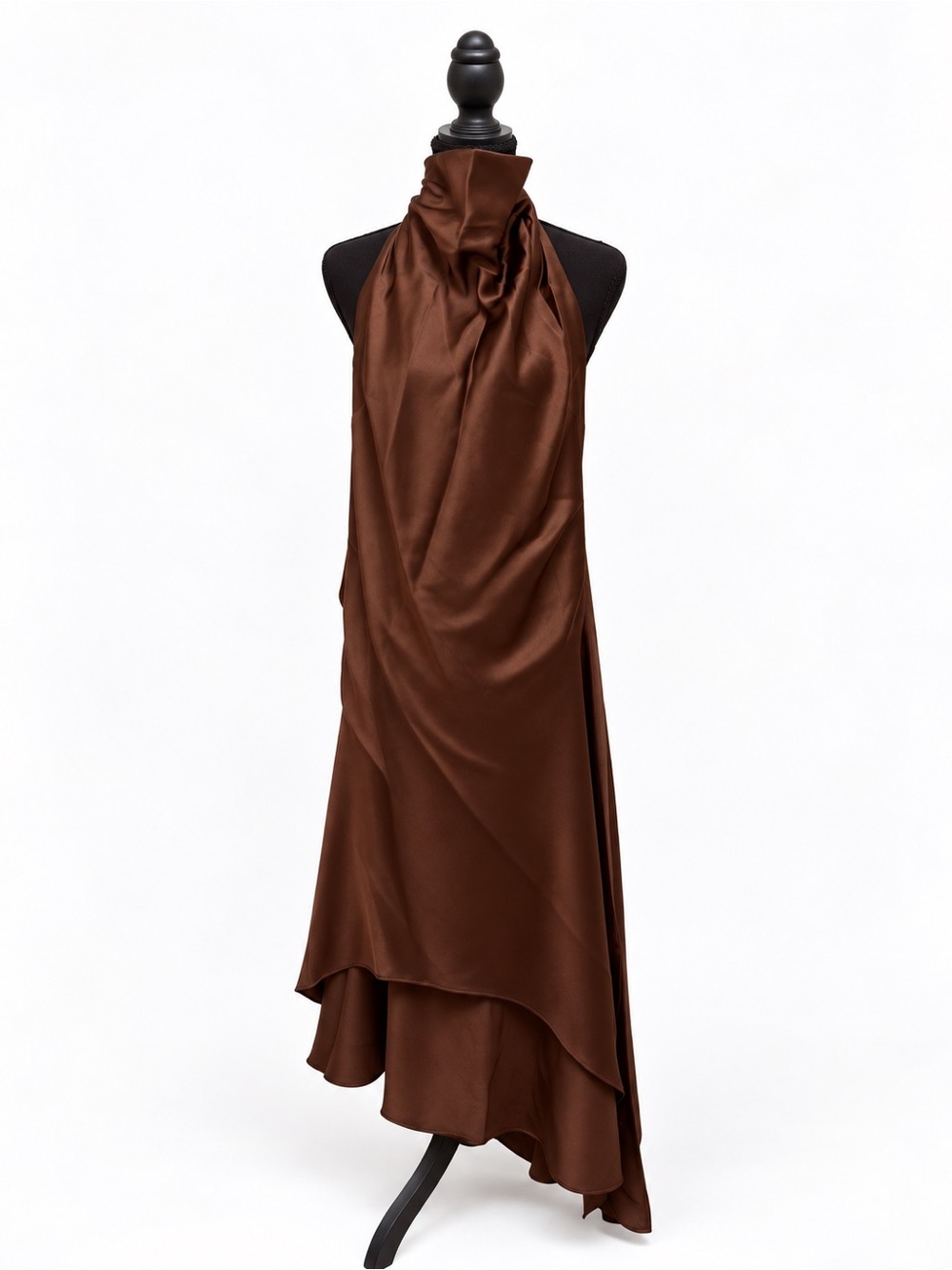 Zara Chocolate Brown Asymmetrical Satin Halter Dress